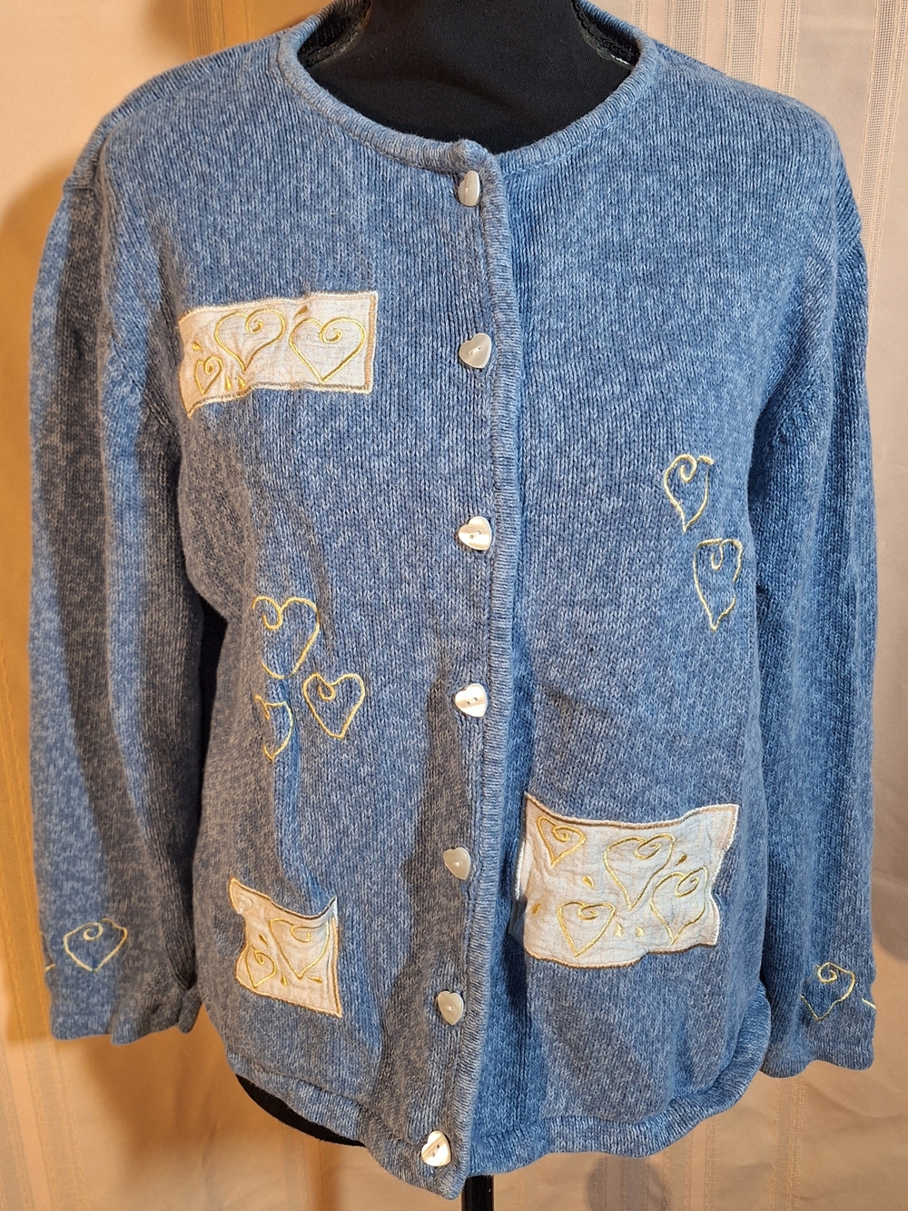 CHRISTOPHER & BANKS Light Blue Embroidered Heart Button-Front Cardigan